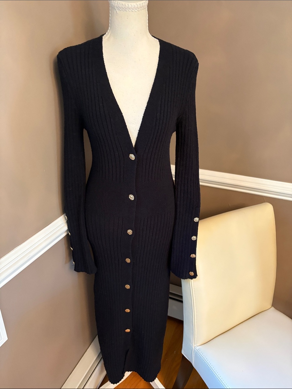Navy Blue Ribbed Button-Front Long Sleeve Dress